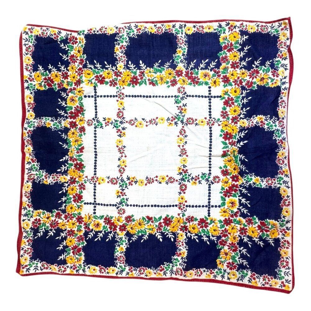 Vintage Handkerchief Floral Patchwork Design Blue & White With Red Yellow Green